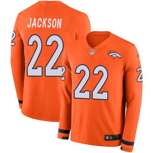 Men's Denver Broncos #22 Kareem Jackson Orange Team Color Stitched NFL Limited Therma Long Sleeve Jersey