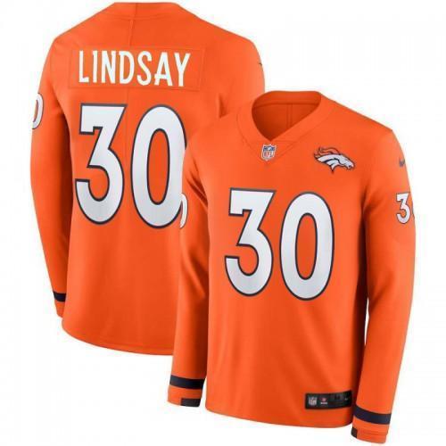 Men's Denver Broncos #30 Phillip Lindsay Orange Team Color Stitched NFL Limited Therma Long Sleeve Jersey