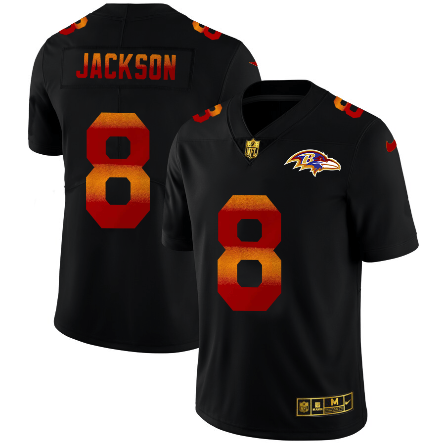 Baltimore Ravens #8 Lamar Jackson Black Nike Red Orange Stripe Vapor Limited NFL Jersey
