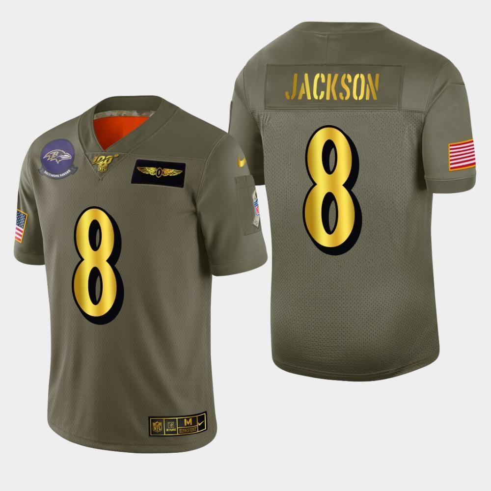 Baltimore Ravens #8 Lamar Jackson Nike Olive Gold 2019 Salute To Service Limited NFL 100 Jersey