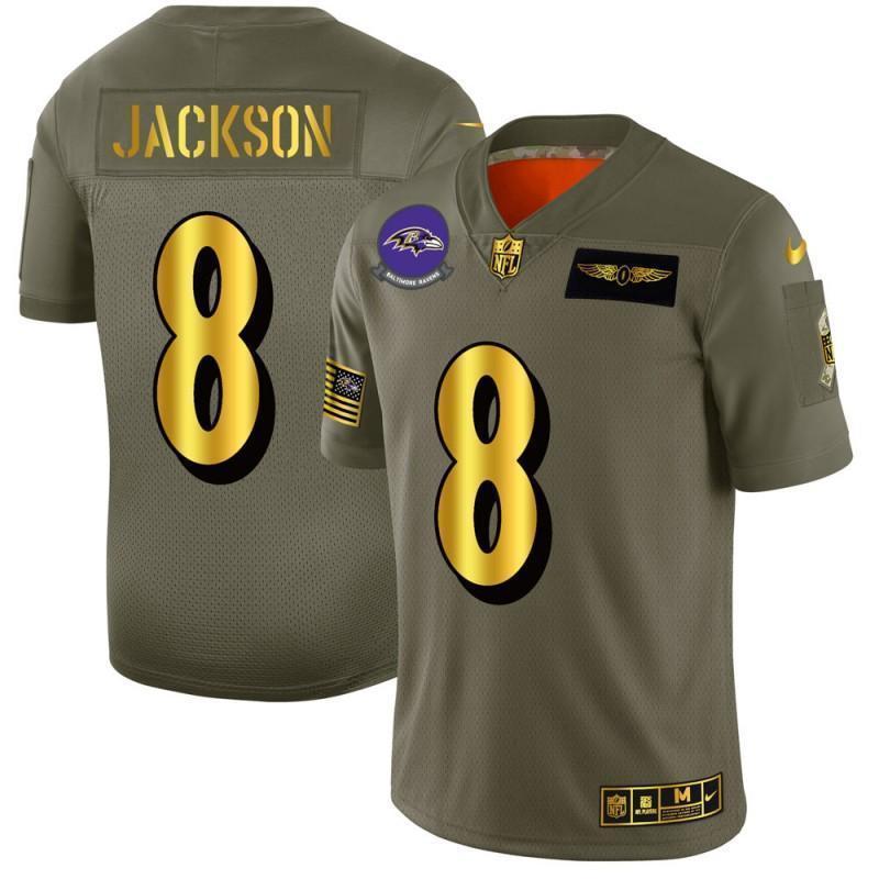 Baltimore Ravens #8 Lamar Jackson NFL Nike Olive Gold 2019 Salute To Service Limited Jersey