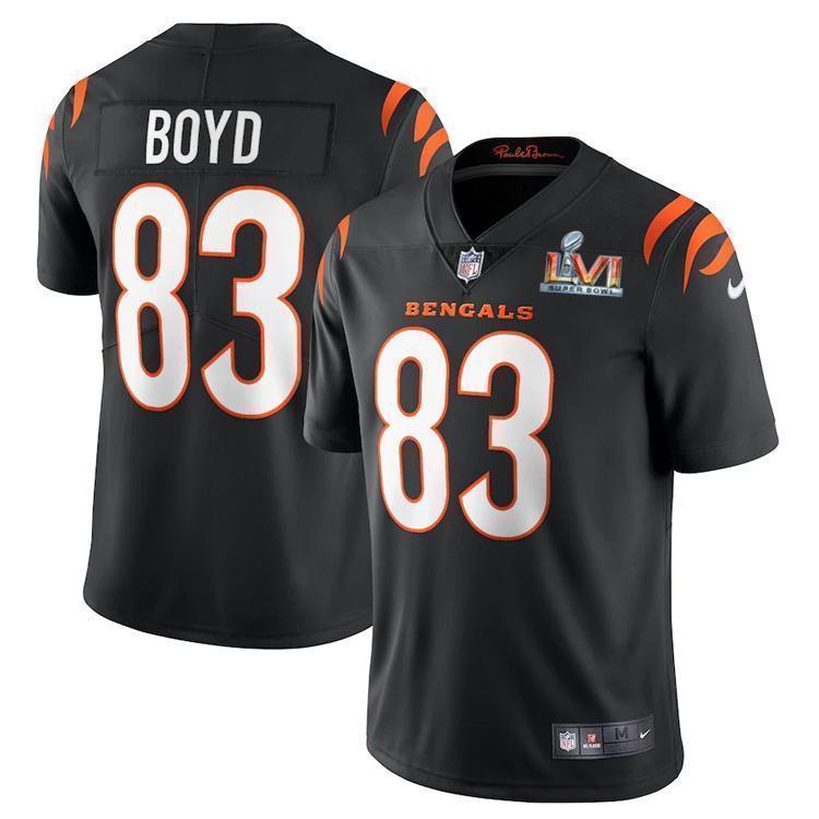 Cincinnati Bengals #83 Tyler Boyd Black Super Bowl LVI Patch Nike Vapor Limited Jersey