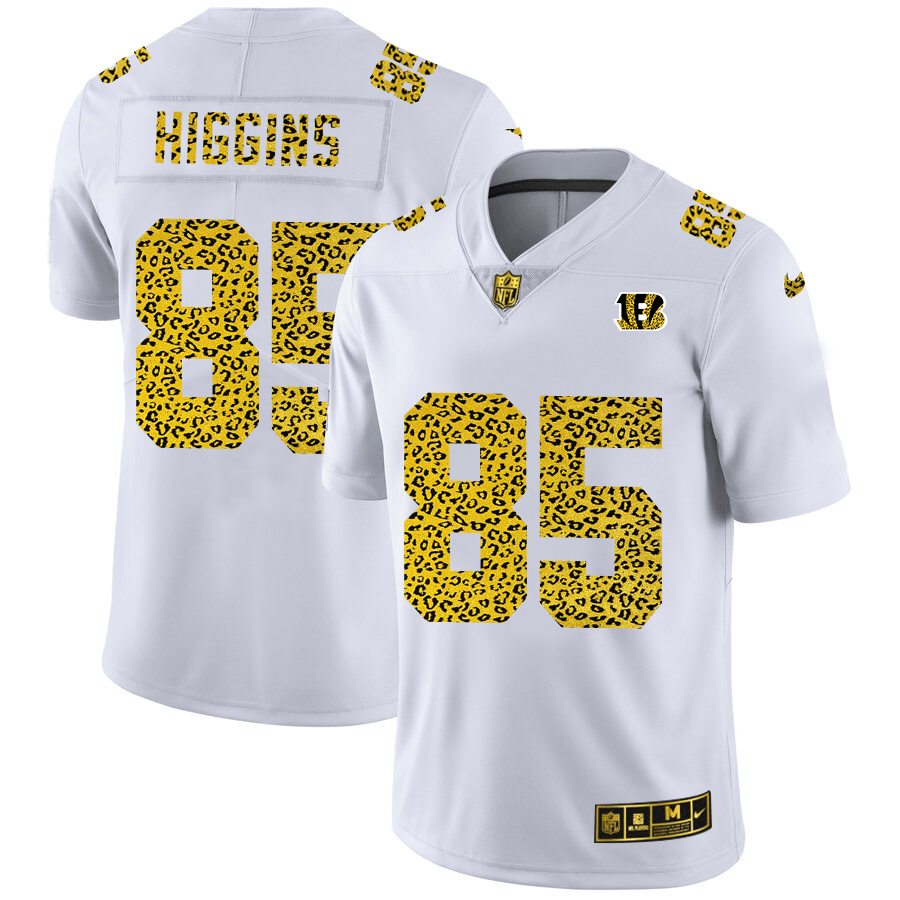 Cincinnati Bengals #85 Tee Higgins Nike Flocked Leopard Print Vapor Limited NFL Jersey White