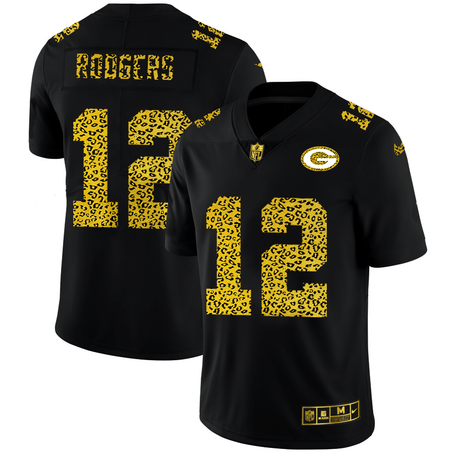 Green Bay Packers #12 Aaron Rodgers Nike Leopard Print Fashion Vapor Jersey Black