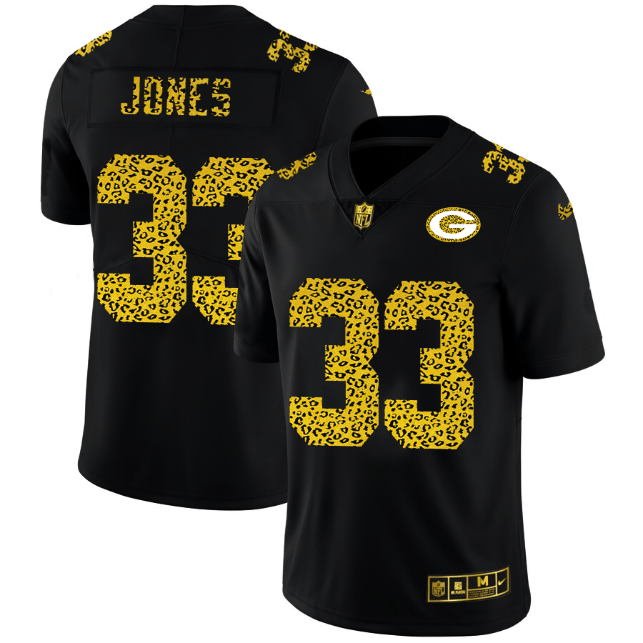 Green Bay Packers #33 Aaron Jones Nike Leopard Print Fashion Vapor Jersey Black