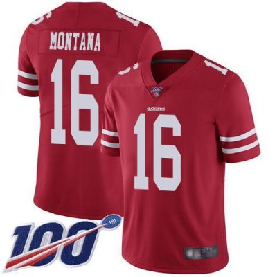 Nike 49ers #16 Joe Montana Red Team Color Stitched NFL 100th Season Vapor Limited Jersey