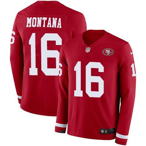 Nike 49ers #16 Joe Montana Red Team Color Stitched NFL Limited Therma Long Sleeve Jersey