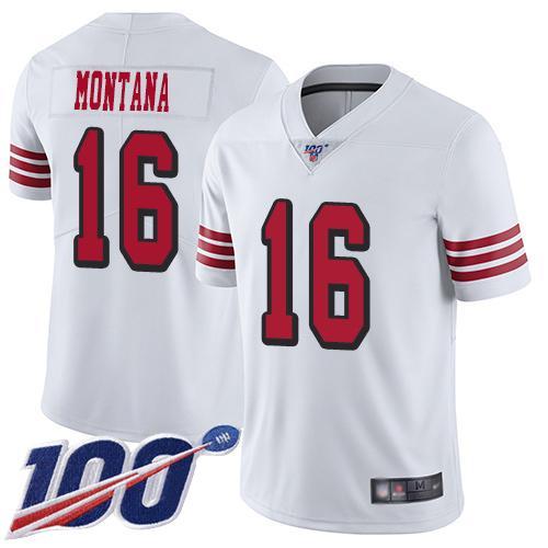 Nike 49ers #16 Joe Montana White Rush Stitched NFL Limited 100th Season Jersey