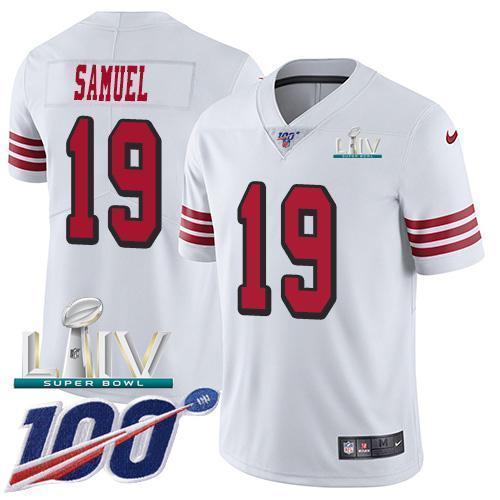 Nike 49ers #19 Deebo Samuel White Super Bowl LIV 2020 Rush Stitched NFL Limited 100th Season Jersey