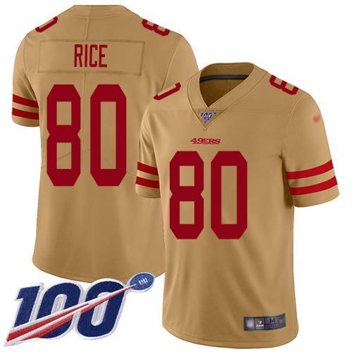 Nike 49ers #80 Jerry Rice Gold Stitched NFL Limited Inverted Legend 100th Season Jersey
