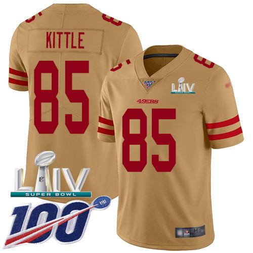 Nike 49ers #85 George Kittle Gold Super Bowl LIV 2020 Stitched NFL Limited Inverted Legend 100th Season Jersey