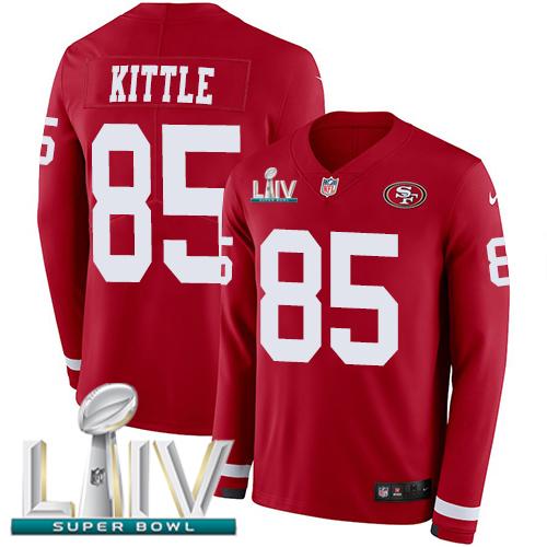 Nike 49ers #85 George Kittle Red Super Bowl LIV 2020 Team Color Stitched NFL Limited Therma Long Sleeve Jersey