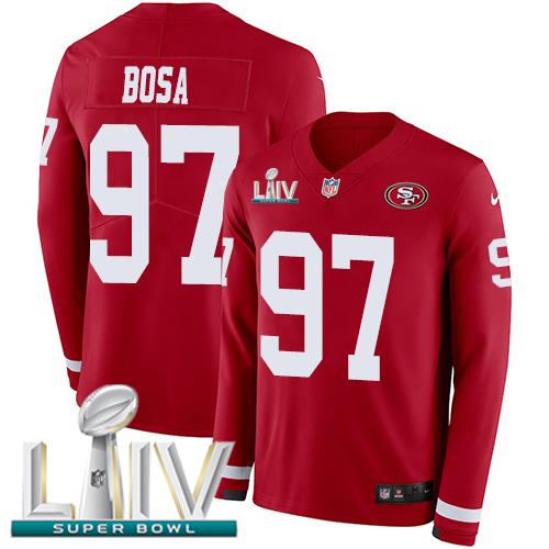 Nike 49ers #97 Nick Bosa Red Super Bowl LIV 2020 Team Color Stitched NFL Limited Therma Long Sleeve Jersey
