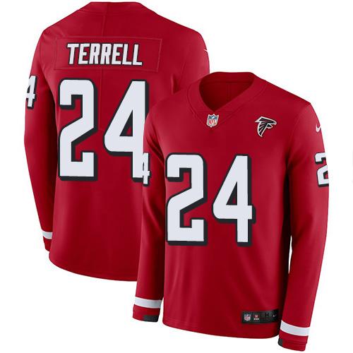 Nike Atlanta Falcons #24 A.J. Terrell Red Team Color Stitched NFL Limited Therma Long Sleeve Jersey
