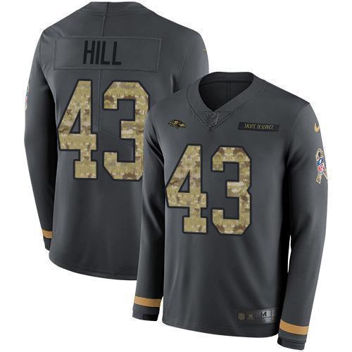Nike Baltimore Ravens #43 Justice Hill Anthracite Salute to Service Stitched NFL Limited Therma Long Sleeve Jersey