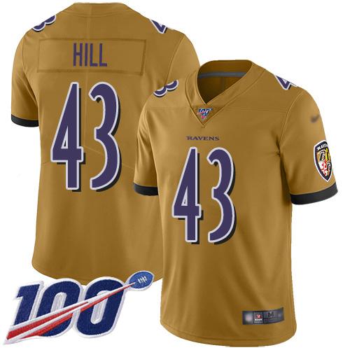 Nike Baltimore Ravens #43 Justice Hill Gold Stitched NFL Limited Inverted Legend 100th Season Jersey