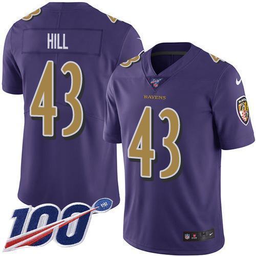 Nike Baltimore Ravens #43 Justice Hill Purple Stitched NFL Limited Rush 100th Season Jersey
