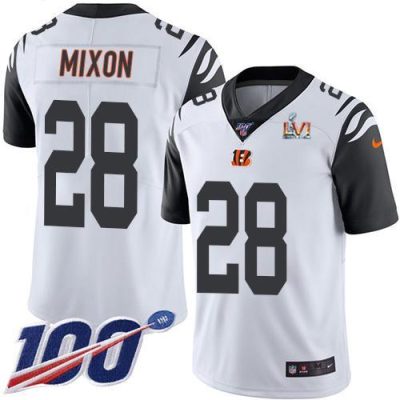 Nike Bengals #28 Joe Mixon White Super Bowl LVI Patch Stitched NFL Limited Rush 100th Season Jersey