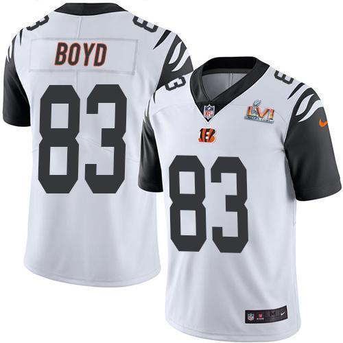 Nike Bengals #83 Tyler Boyd White Super Bowl LVI Patch Stitched NFL Limited Rush Jersey