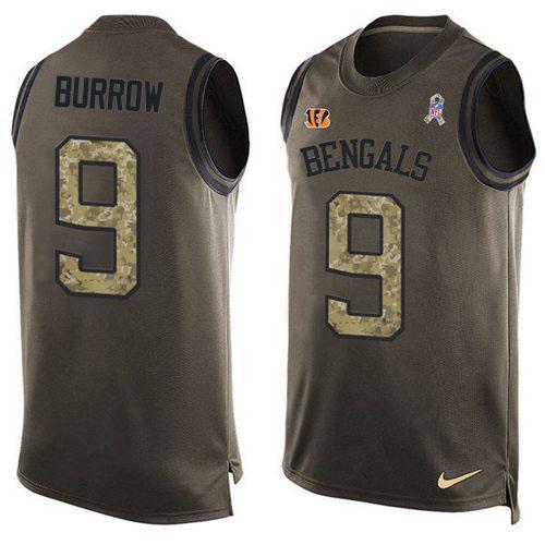 Nike Bengals #9 Joe Burrow Green Stitched NFL Limited Salute To Service Tank Top Jersey