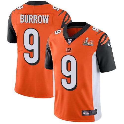 Nike Bengals #9 Joe Burrow Orange Alternate Super Bowl LVI Patch Stitched NFL Vapor Untouchable Limited Jersey