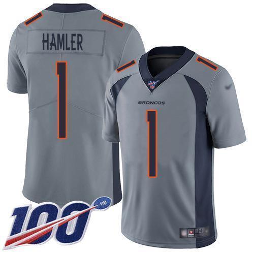 Nike Broncos #1 KJ Hamler Gray Stitched NFL Limited Inverted Legend 100th Season Jersey