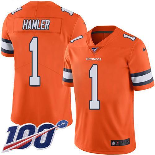 Nike Broncos #1 KJ Hamler Orange Stitched NFL Limited Rush 100th Season Jersey