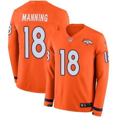 Nike Broncos #18 Peyton Manning Orange Team Color Stitched NFL Limited Therma Long Sleeve Jersey