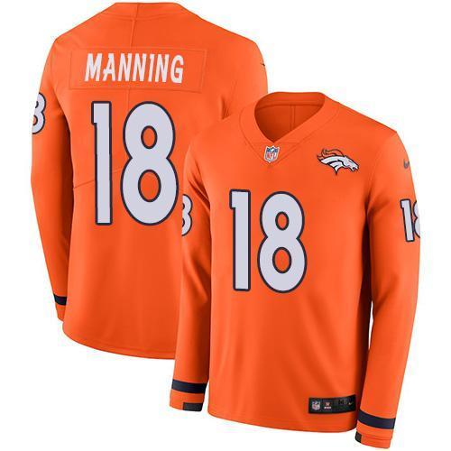 Nike Broncos #18 Peyton Manning Orange Team Color Stitched NFL Limited Therma Long Sleeve Jersey