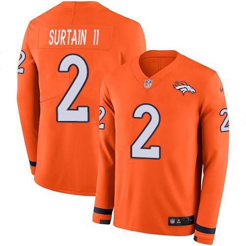 Nike Broncos #2 Patrick Surtain II Orange Team Color Stitched NFL Limited Therma Long Sleeve Jersey
