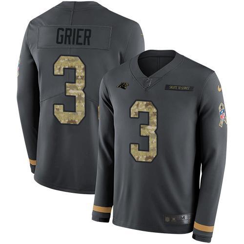 Nike Carolina Panthers #3 Will Grier Anthracite Salute to Service Stitched NFL Limited Therma Long Sleeve Jersey