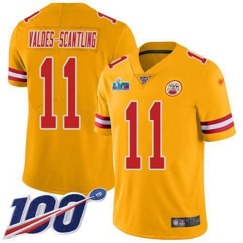 Nike Chiefs #11 Marquez Valdes-Scantling Gold Super Bowl LVII Patch Stitched NFL Limited Inverted Legend 100th Season Jersey