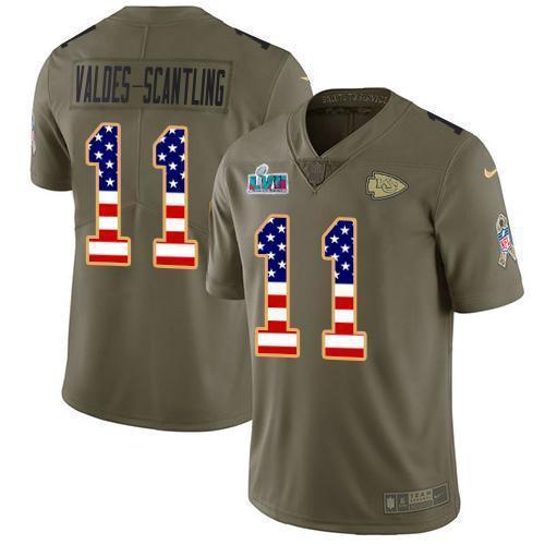 Nike Chiefs #11 Marquez Valdes-Scantling Olive/USA Flag Super Bowl LVII Patch Stitched NFL Limited 2017 Salute To Service Jersey