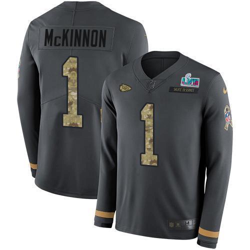 Nike Chiefs #1 Jerick McKinnon Anthracite Salute To Service Super Bowl LVII Patch Stitched NFL Limited Therma Long Sleeve Jersey