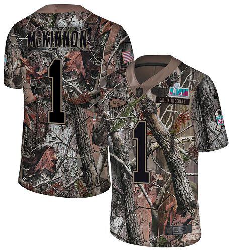 Nike Chiefs #1 Jerick McKinnon Camo Super Bowl LVII Patch Stitched NFL Limited Rush Realtree Jersey