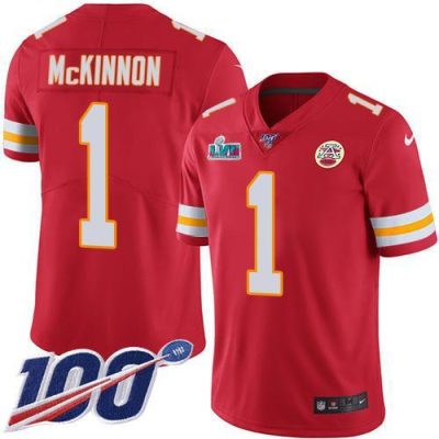 Nike Chiefs #1 Jerick McKinnon Red Team Color Super Bowl LVII Patch Stitched NFL 100th Season Vapor Limited Jersey