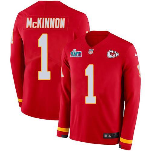 Nike Chiefs #1 Jerick McKinnon Red Team Color Super Bowl LVII Patch Stitched NFL Limited Therma Long Sleeve Jersey