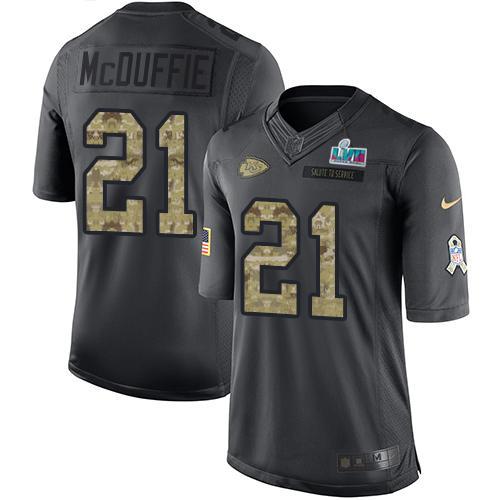 Nike Chiefs #21 Trent McDuffie Black Super Bowl LVII Patch Stitched NFL Limited 2016 Salute To Service Jersey