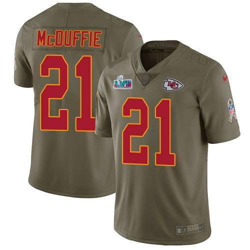 Nike Chiefs #21 Trent McDuffie Olive Super Bowl LVII Patch Stitched NFL Limited 2017 Salute To Service Jersey