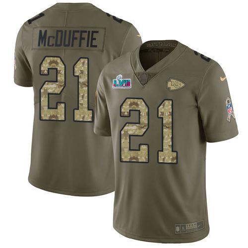 Nike Chiefs #21 Trent McDuffie Olive/Camo Super Bowl LVII Patch Stitched NFL Limited 2017 Salute To Service Jersey