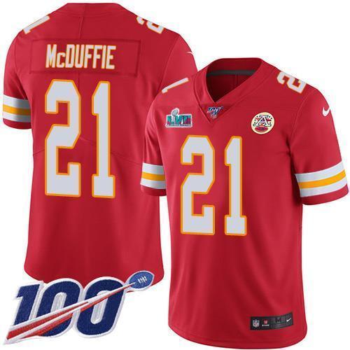 Nike Chiefs #21 Trent McDuffie Red Team Color Super Bowl LVII Patch Stitched NFL 100th Season Vapor Limited Jersey