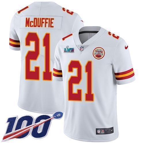 Nike Chiefs #21 Trent McDuffie White Super Bowl LVII Patch Stitched NFL 100th Season Vapor Limited Jersey