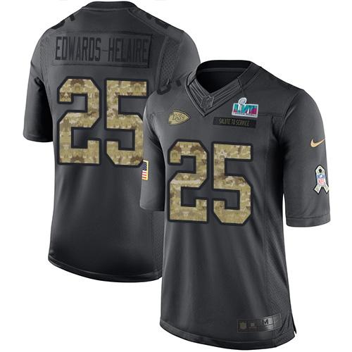 Nike Chiefs #25 Clyde Edwards-Helaire Black Super Bowl LVII Patch Stitched NFL Limited 2016 Salute To Service Jersey