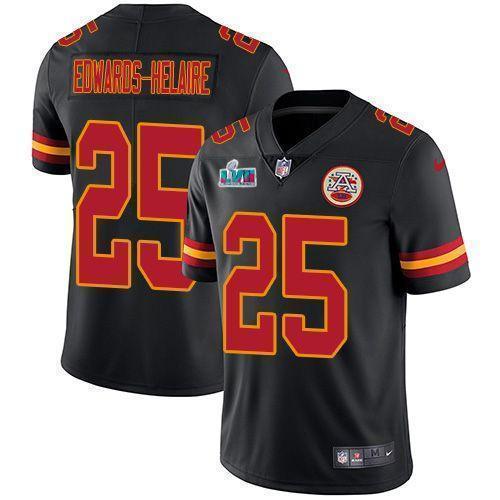 Nike Chiefs #25 Clyde Edwards-Helaire Black Super Bowl LVII Patch Stitched NFL Limited Rush Jersey