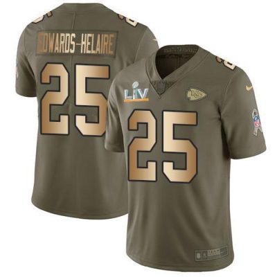Nike Chiefs #25 Clyde Edwards-Helaire Olive/Gold Super Bowl LV Bound Stitched NFL Limited 2017 Salute To Service Jersey