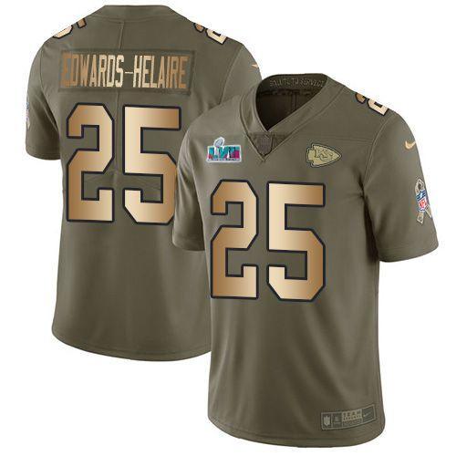 Nike Chiefs #25 Clyde Edwards-Helaire Olive/Gold Super Bowl LVII Patch Stitched NFL Limited 2017 Salute To Service Jersey