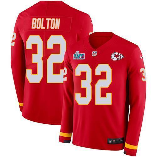 Nike Chiefs #32 Nick Bolton Red Team Color Super Bowl LVII Patch Stitched NFL Limited Therma Long Sleeve Jersey