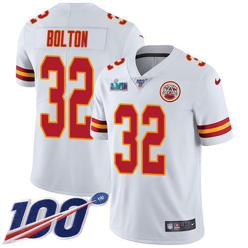 Nike Chiefs #32 Nick Bolton White Super Bowl LVII Patch Stitched NFL 100th Season Vapor Limited Jersey