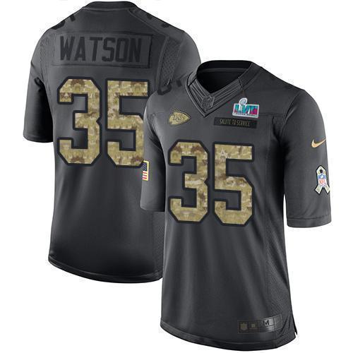 Nike Chiefs #35 Jaylen Watson Black Super Bowl LVII Patch Stitched NFL Limited 2016 Salute To Service Jersey