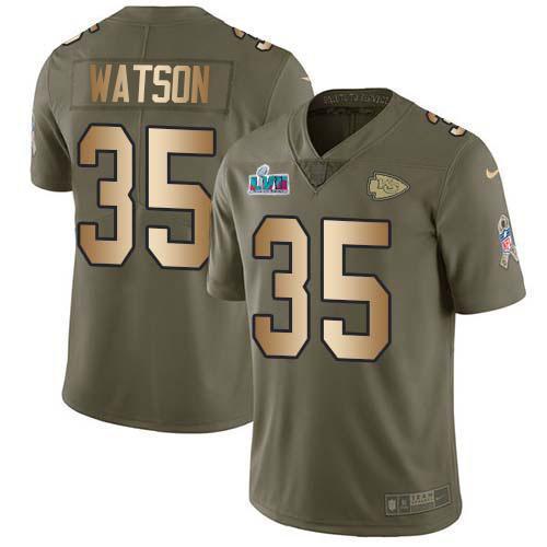 Nike Chiefs #35 Jaylen Watson Olive/Gold Super Bowl LVII Patch Stitched NFL Limited 2017 Salute To Service Jersey